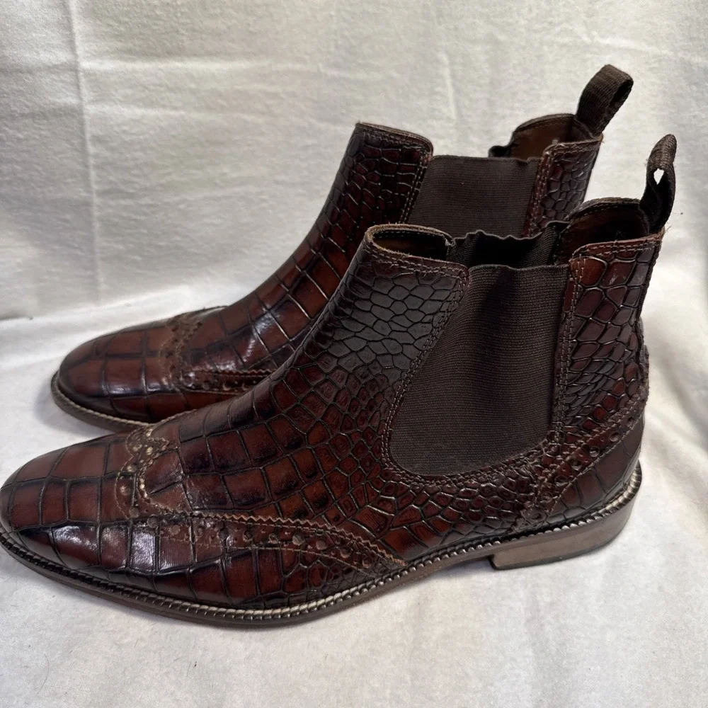 Stacy‎ Adams Leather Tooled Croc Men's Ankle Dress Boots Burgundy Brown Sz 9.5 M